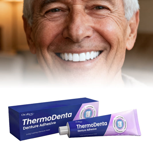 Denture adhesive box and tube, purple and white with ThermoDenta branding