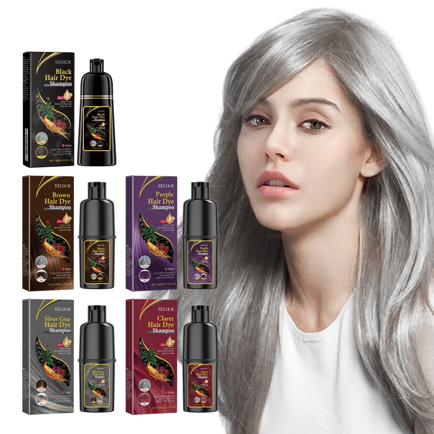 Silver gray hair dye shampoo bottle and boxes with model wearing silver gray hair