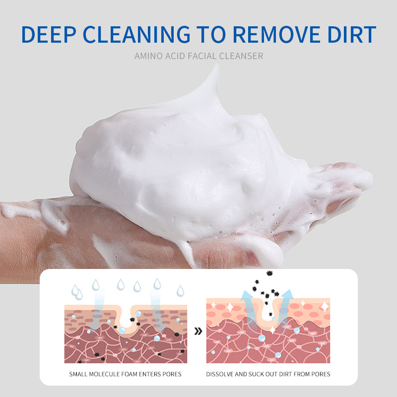 Amino acid facial cleanser creating rich foam on the back of a hand.