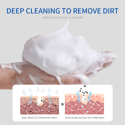 Amino acid facial cleanser creating rich foam on the back of a hand.