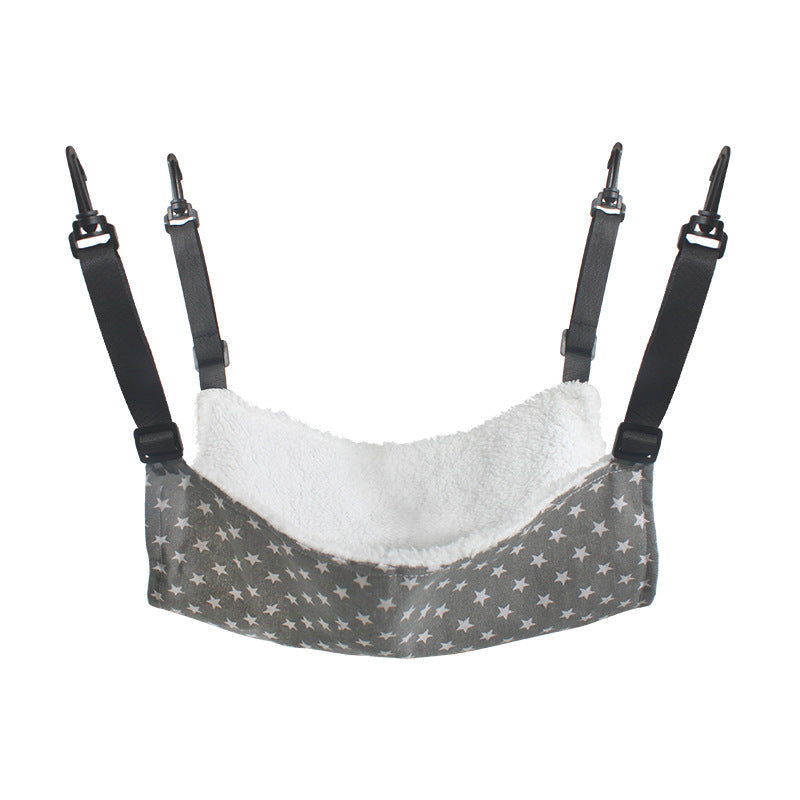 Hanging cotton pet hammock bed with gray star print and white plush lining