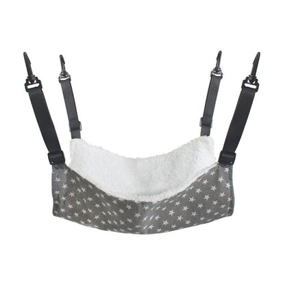 Hanging cotton pet hammock bed with gray star print and white plush lining
