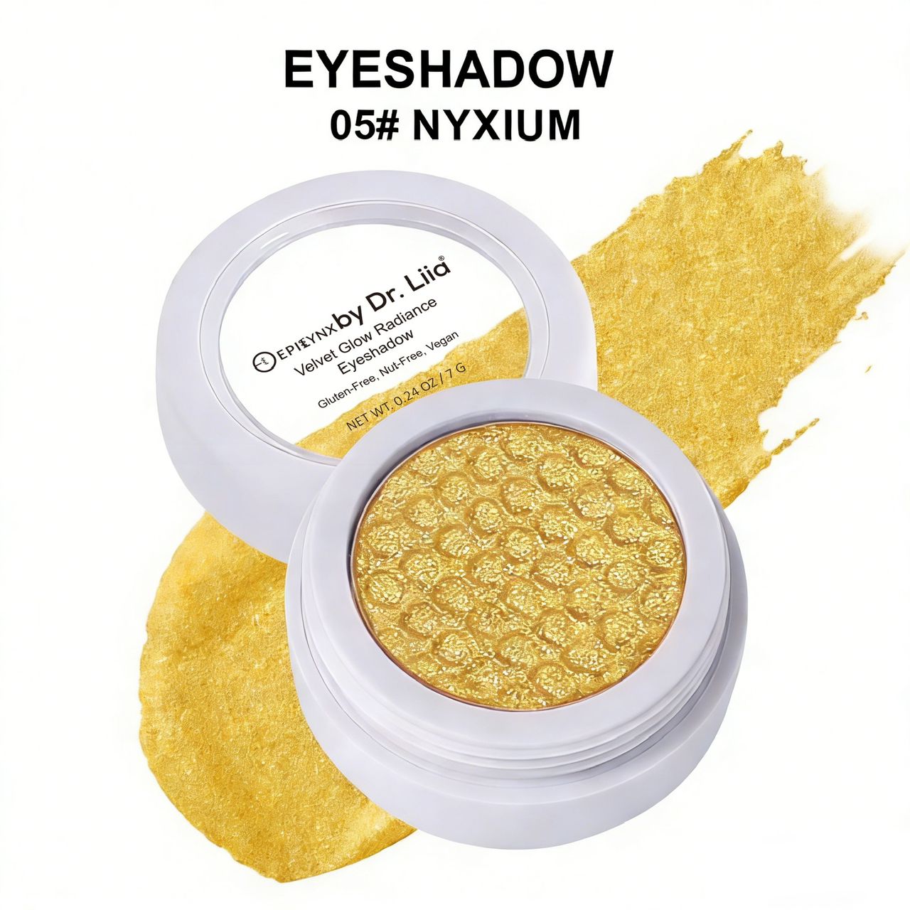 Eyeshadow compact with yellow-gold shimmer pan and matching swatch