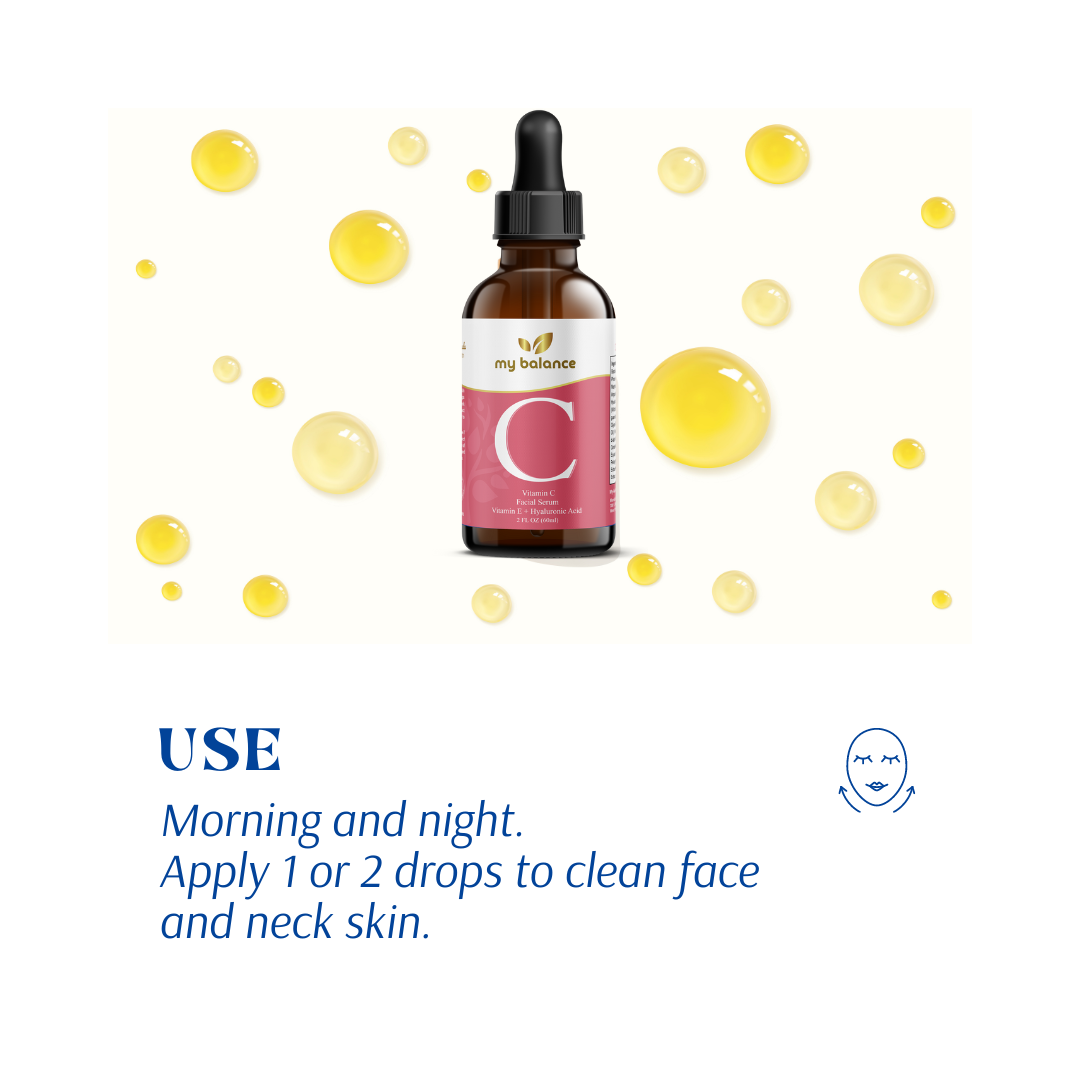 Facial vitamin C serum bottle with black dropper surrounded by yellow drops