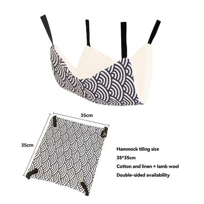 Pet hammock with black-and-white wavy pattern and black suspension straps