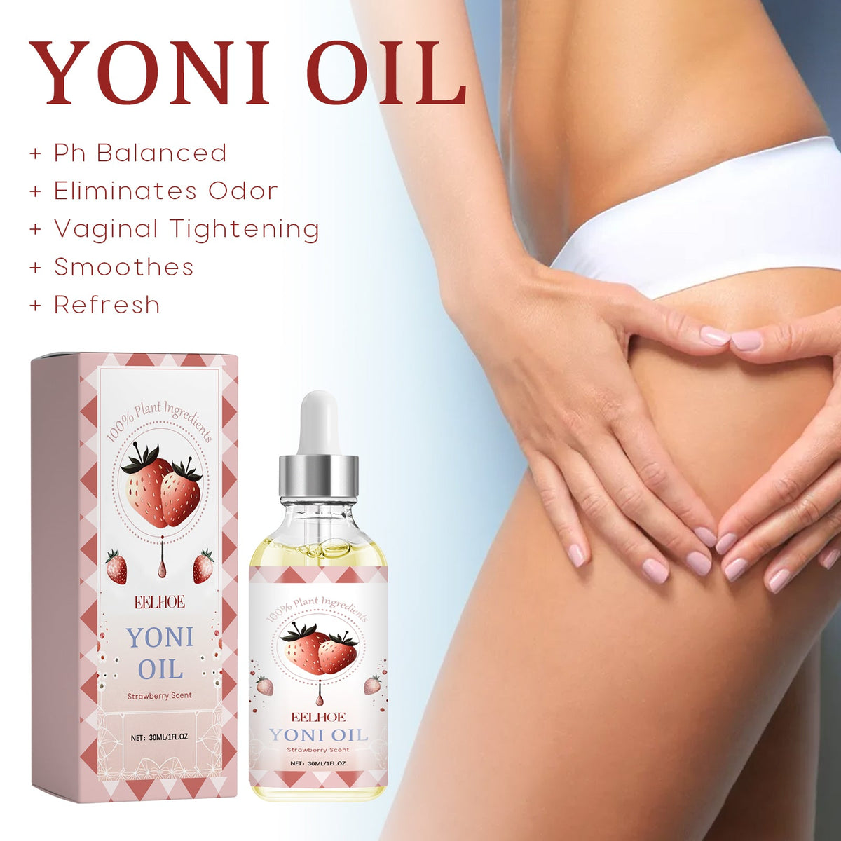 Intimate essential oil bottle with dropper and box beside hands over hip area
