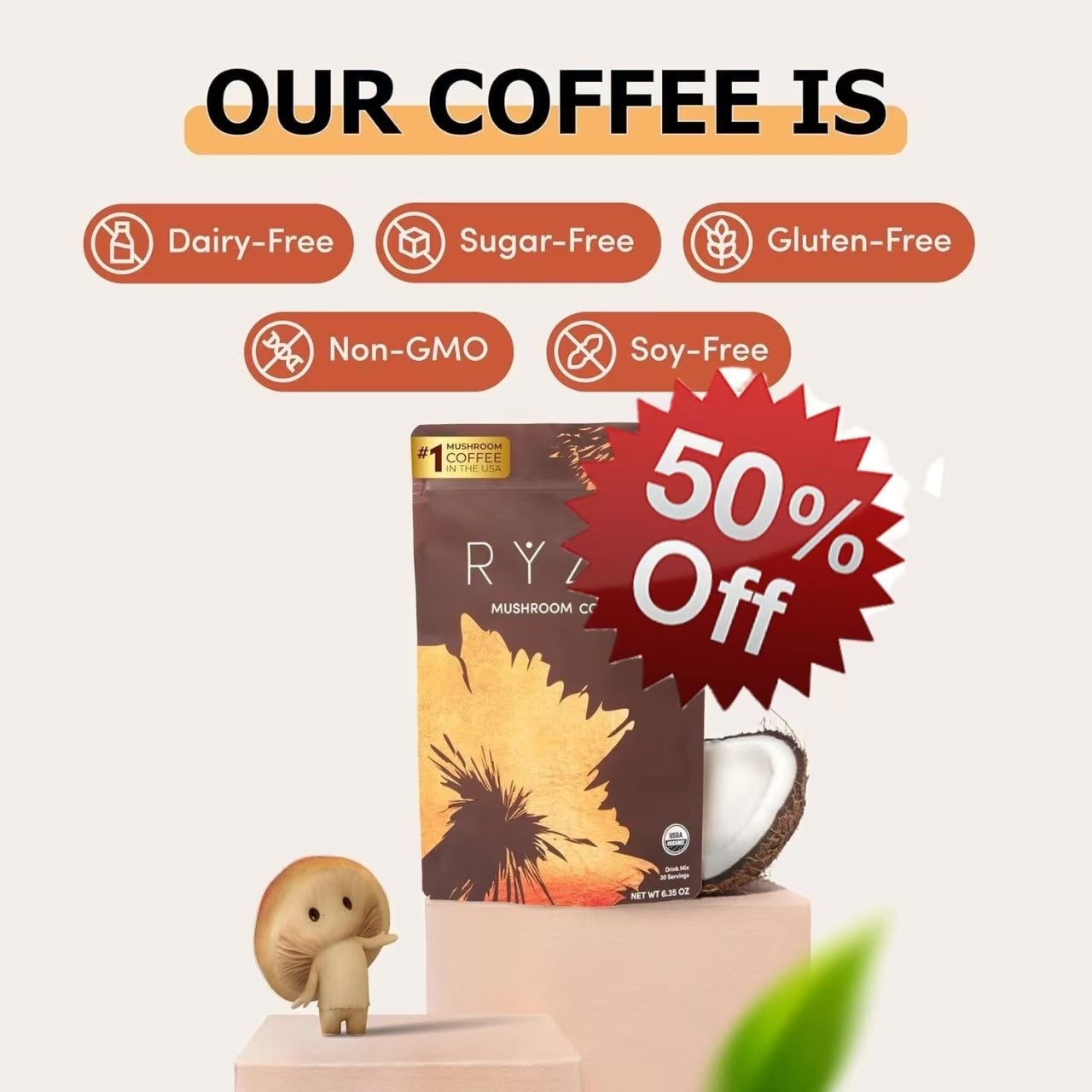 RYZE SUPERFOODS Mushroom Coffee Dark Roast, 6 Adaptogenic Mushrooms & Prebiotic Blend, Instant Coffee Supports Energy, Focus, Digestion & Immunity, Lions Mane & Turkey Tail, 30 Servings. - Renee Lane Company
