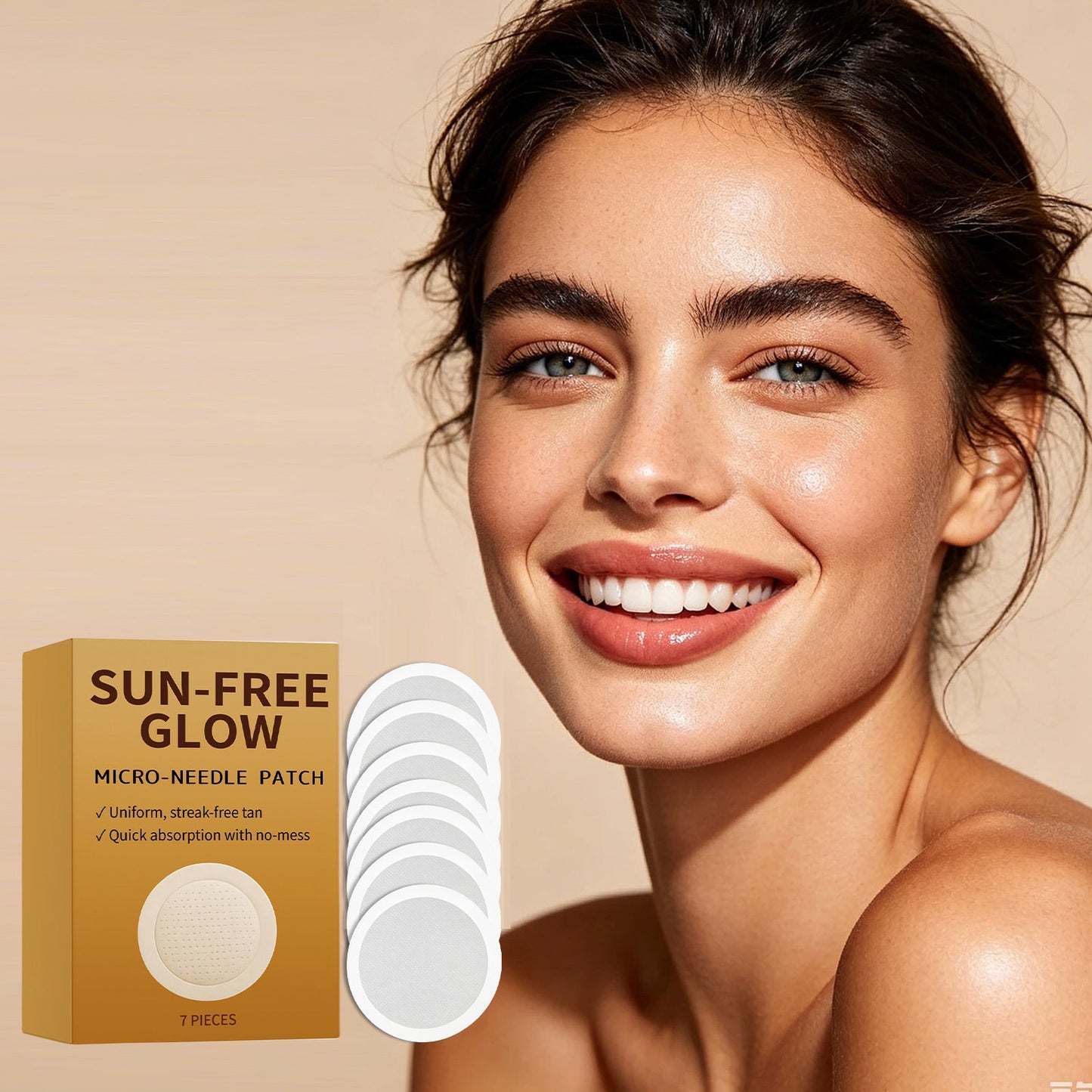 Micro-needle tanning patch set with SUN-FREE GLOW box and single circular tan patch