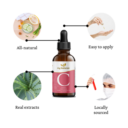 Facial vitamin C serum bottle with black dropper and pink C label