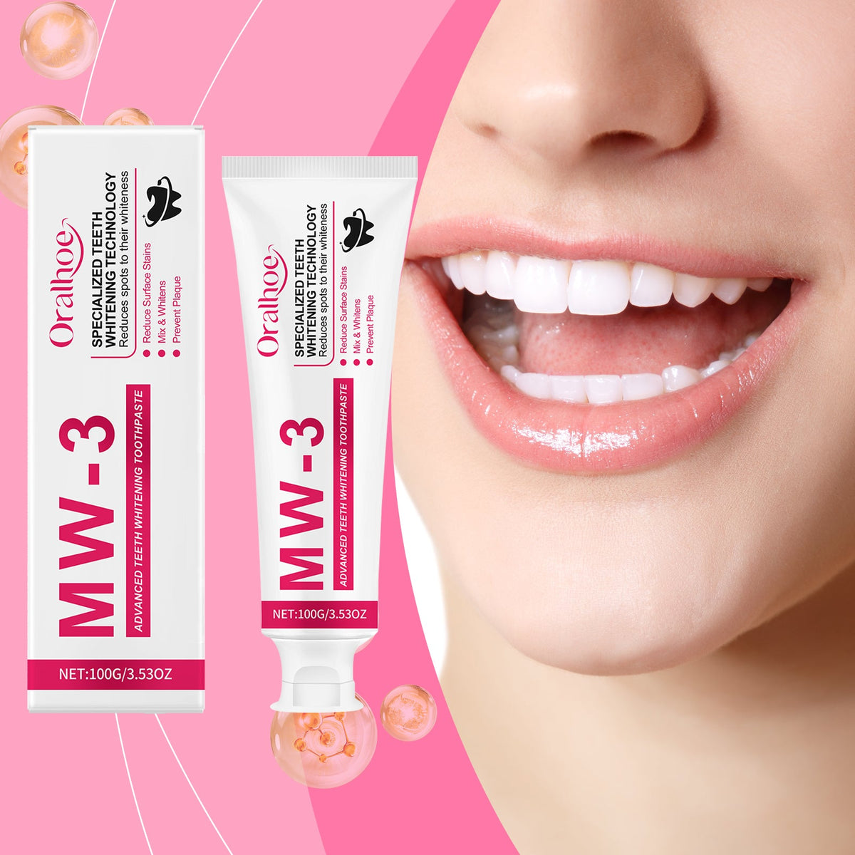 Whitening toothpaste box and tube beside close-up smile and teeth