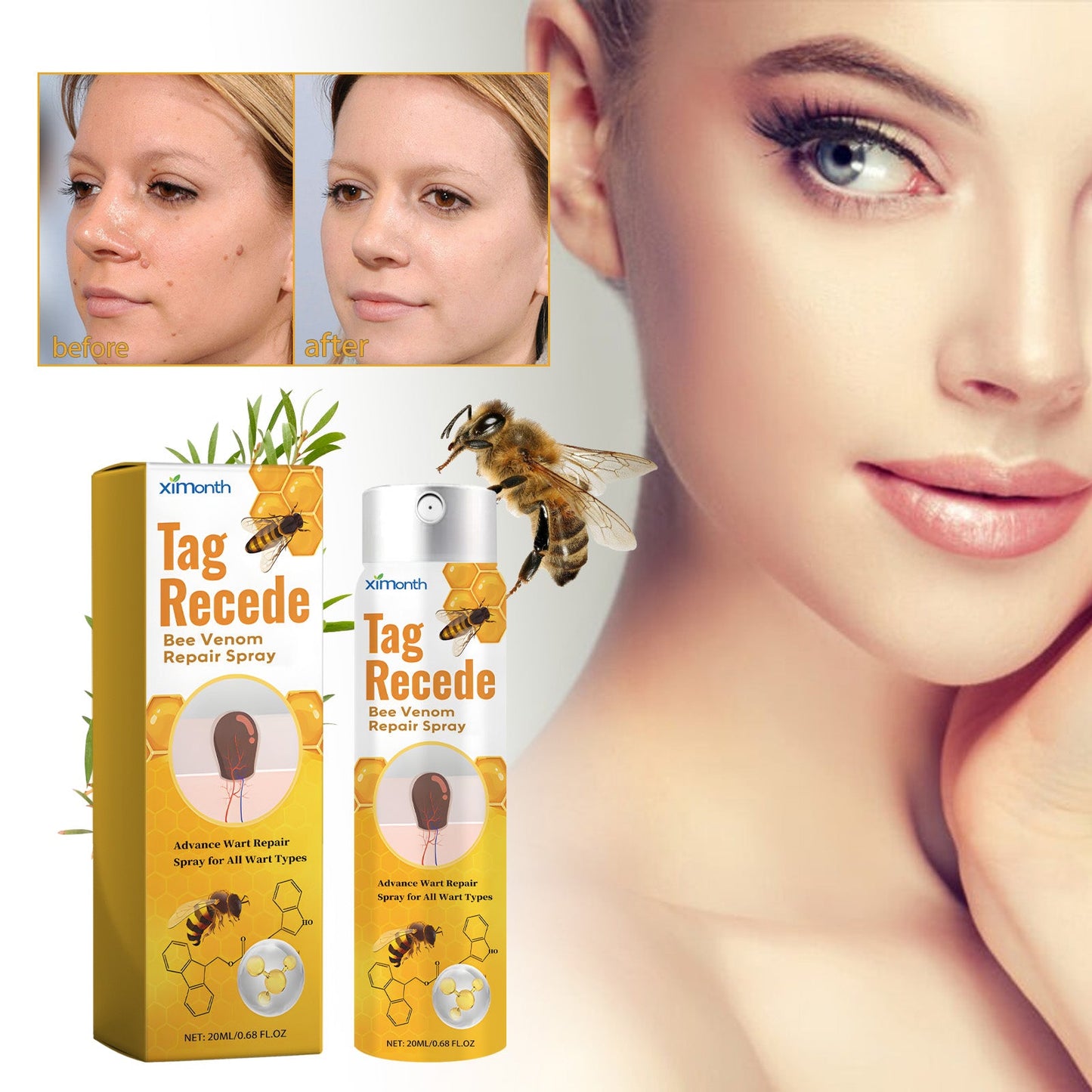 Bee Purifying Skin Spray 20ML bottle and box with face panels, ximonth