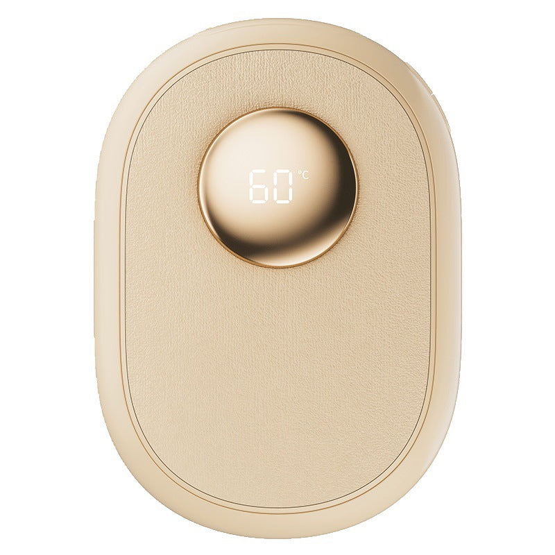Beige electric hand warmer close-up; circular display reads 66°C