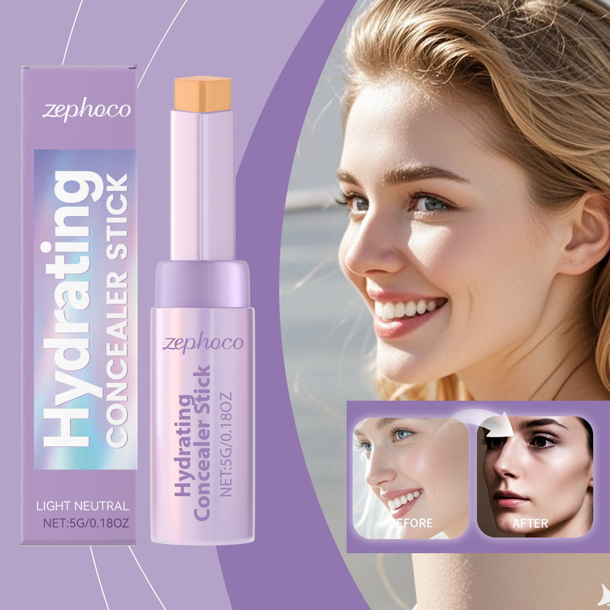 Zephco hydrating concealer stick, light neutral shade, lavender tube with orange cap