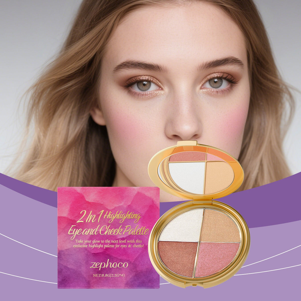 Open gold compact eyeshadow and blush palette displaying four shades: cream, beige, peach, rose