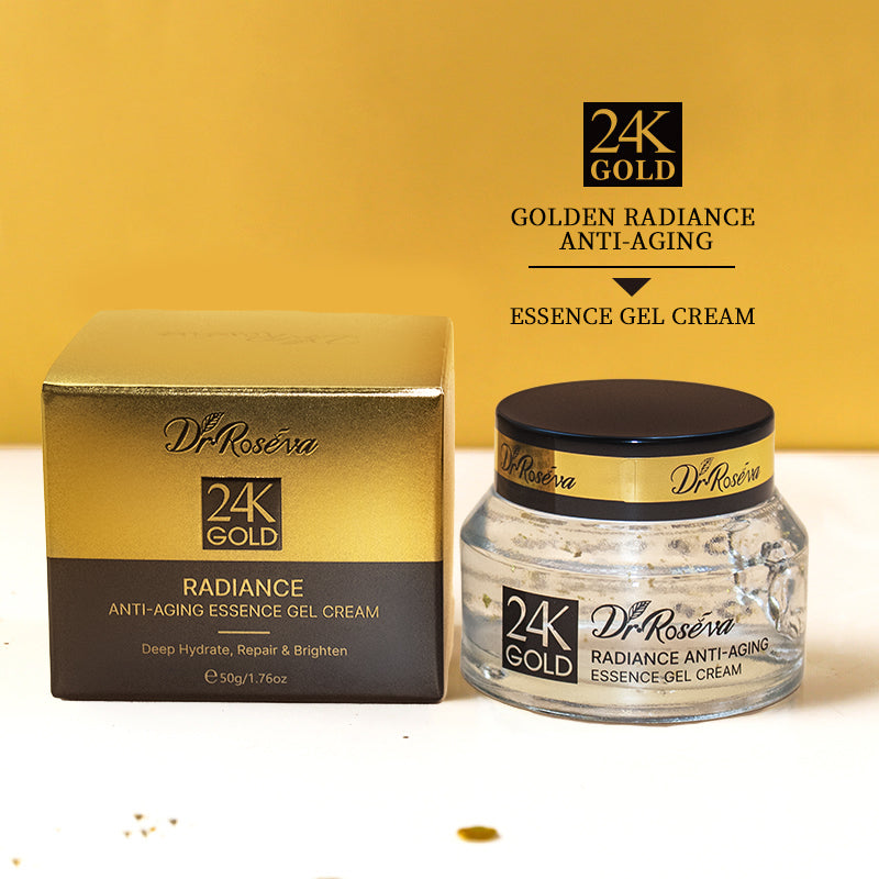24K gold anti-aging essence gel cream box and jar with black lid