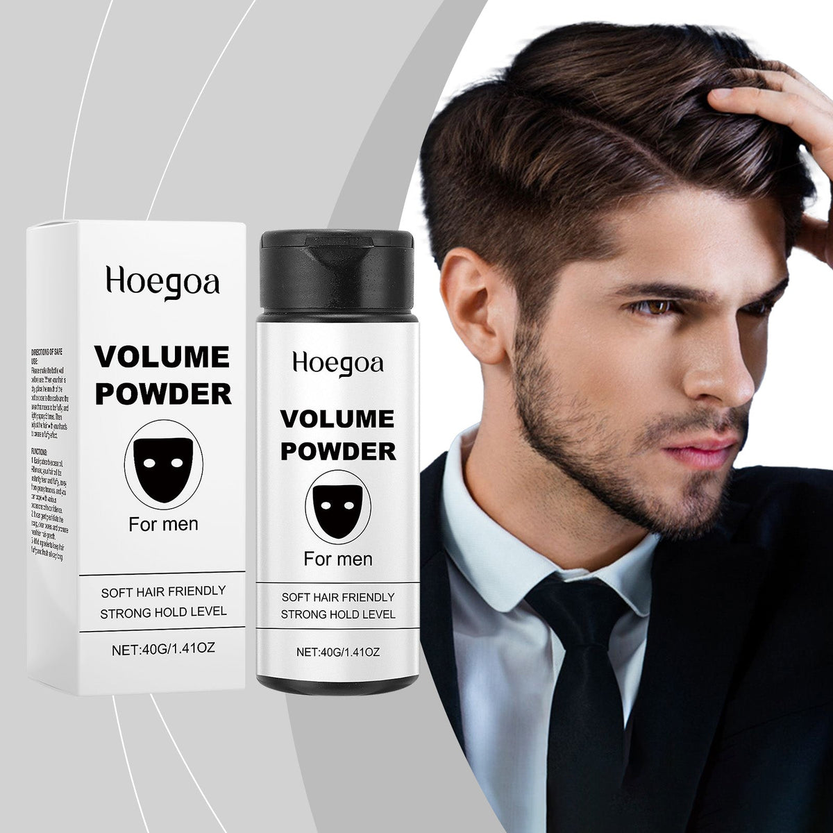 Hoegoa volumizing styling powder bottle with black cap next to white Volume Powder box
