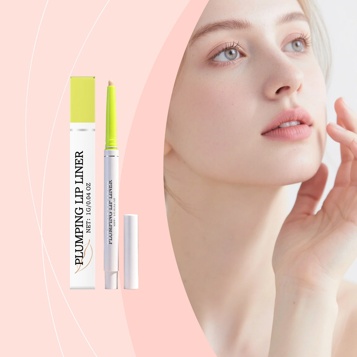 Matte lip liner tube and boxed packaging next to model with smooth lip color