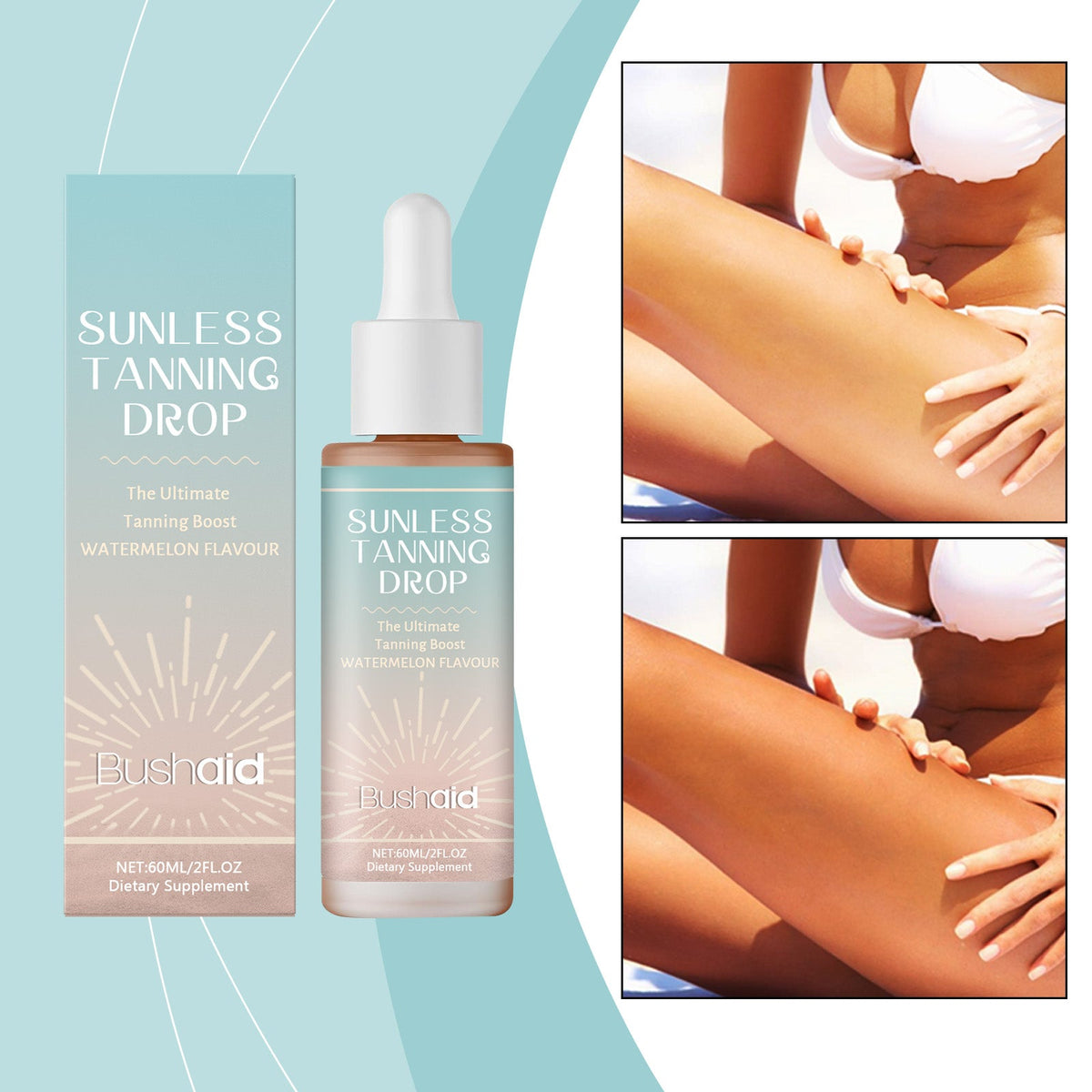 Oral sunless tanning drops bottle and box with skin-application step photos