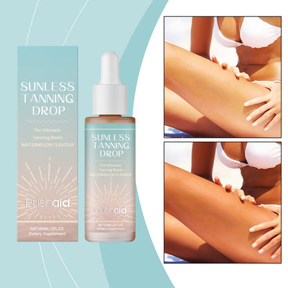 Oral sunless tanning drops bottle and box with skin-application step photos