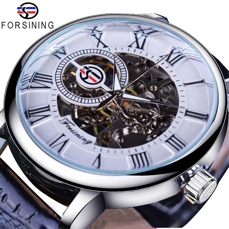 Men's skeleton watch with white dial, silver-tone case, black leather strap