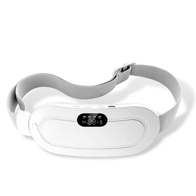 White abdominal massage belt with gray straps and dark control display panel