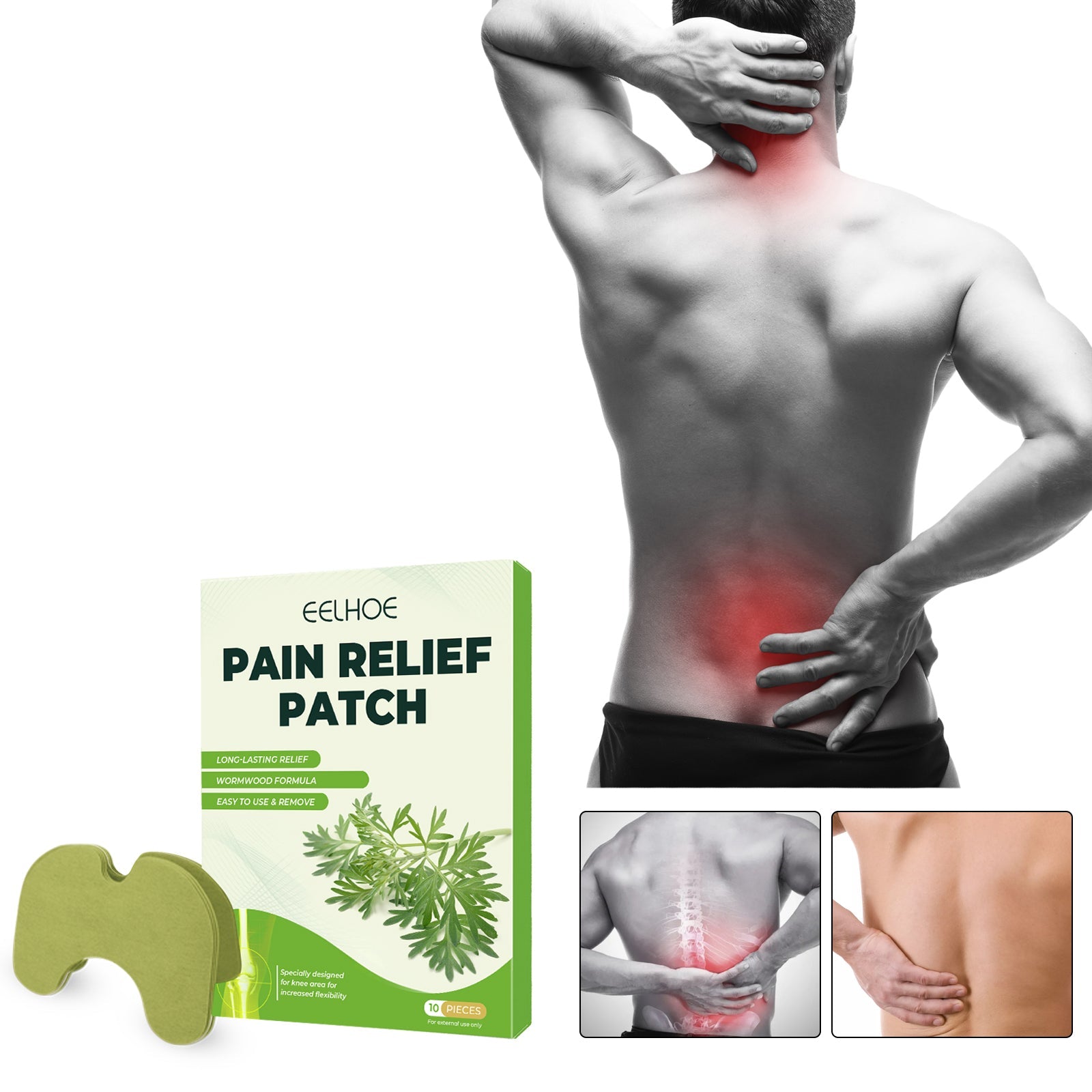 Green mugwort knee pain relief patches 10-pack, box beside a model with back pain