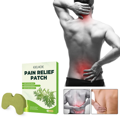 Green mugwort knee pain relief patches 10-pack, box beside a model with back pain