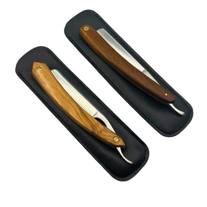 Camelback Edge straight razors in black cases, wooden handles
