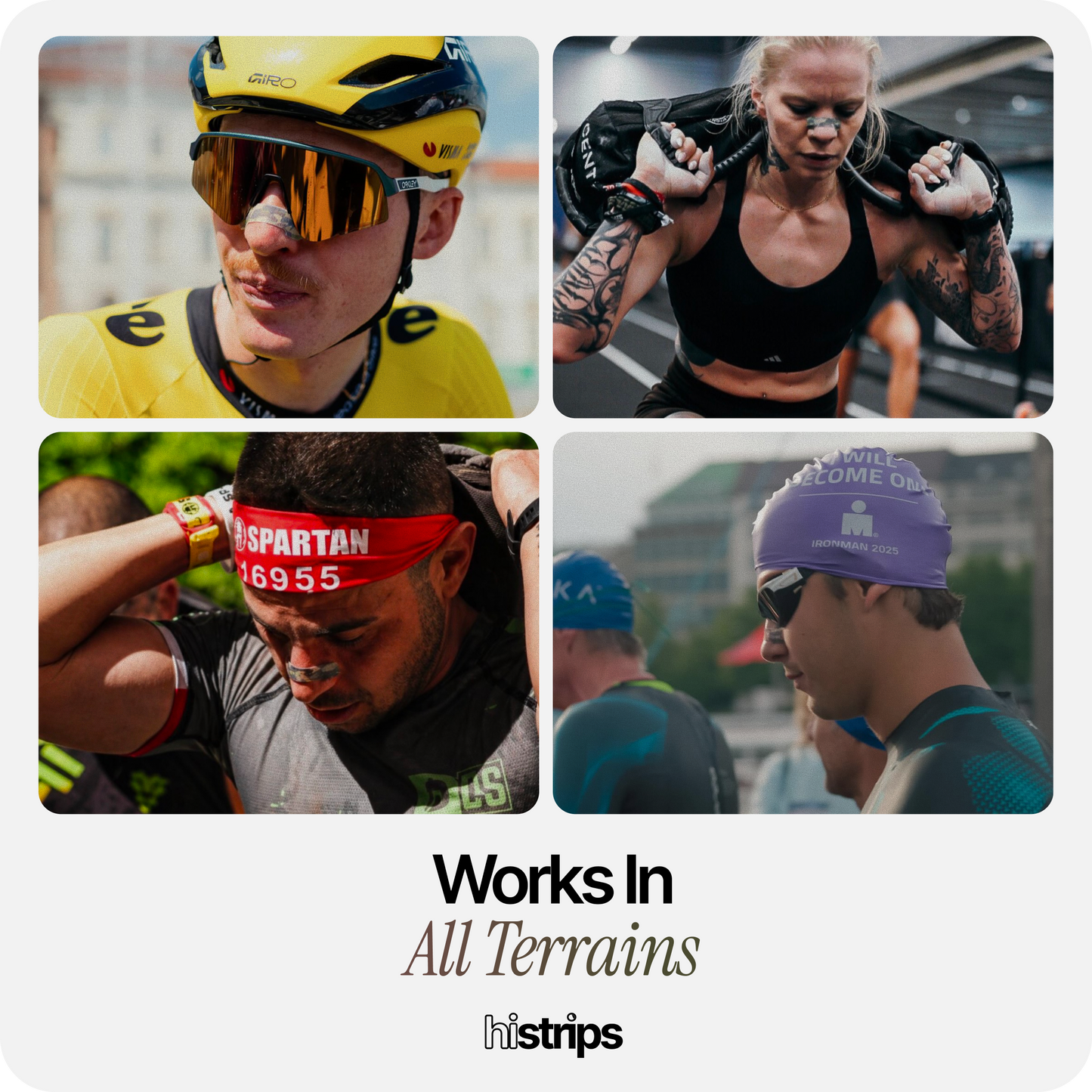 Nasal strips worn by athletes in an outdoor sports photo collage.