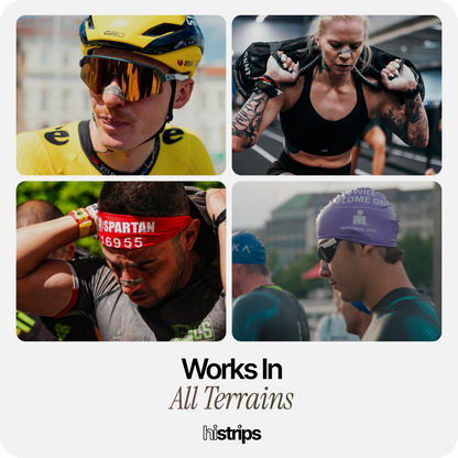 Nasal strips worn by athletes in an outdoor sports photo collage.