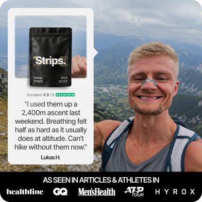 Camo nasal strip pack pouch beside smiling outdoor athlete review card.