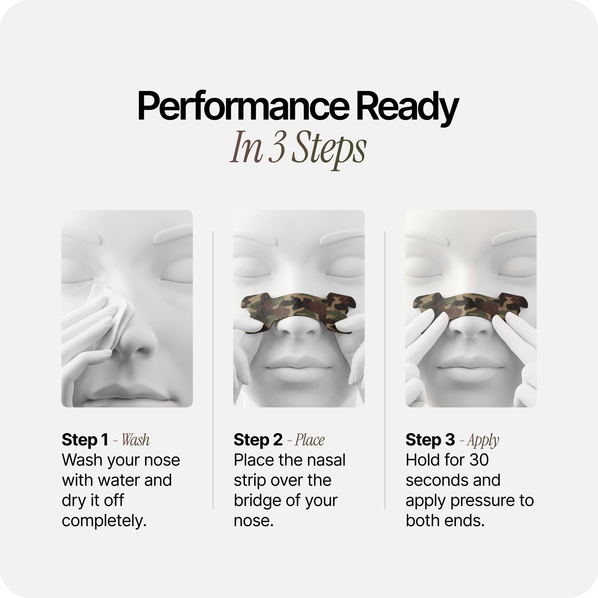 Three-step camo nasal strip application graphic with nose model images.