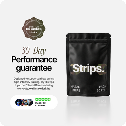 Camo nasal strip pack with performance guarantee badge and 30-day promise graphic.