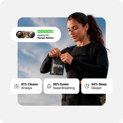 Female athlete holding camo nasal strip pack with three benefit icons.