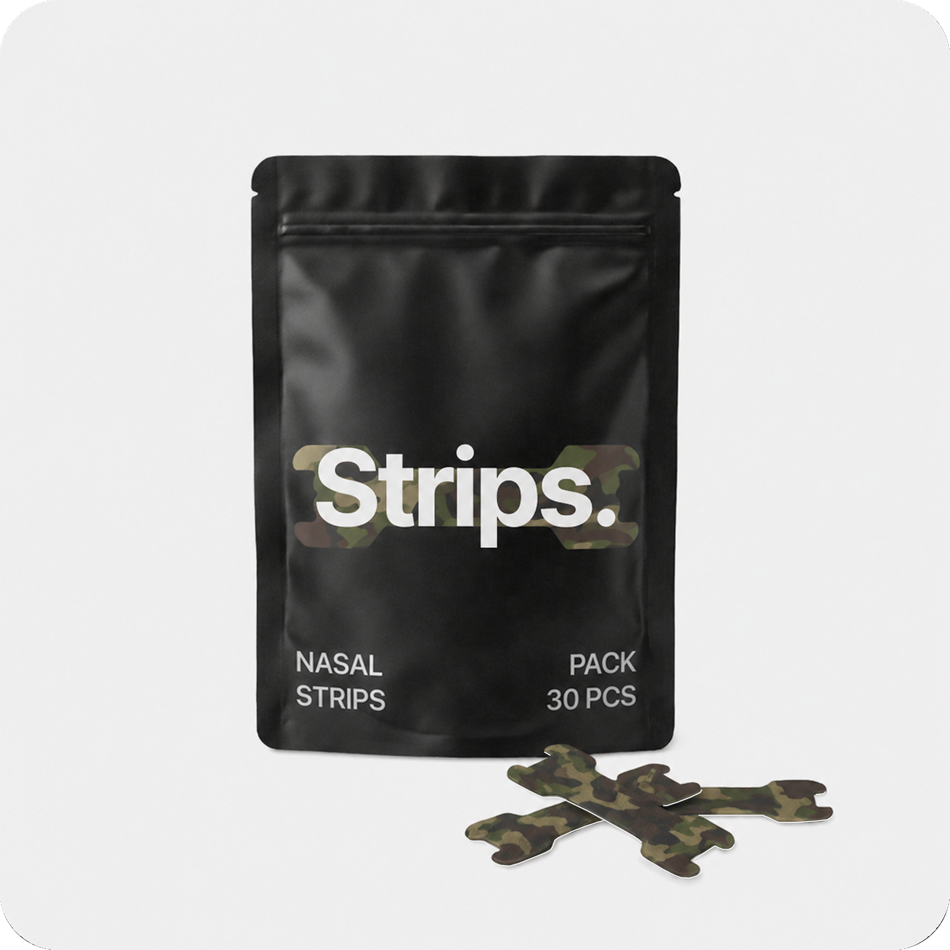 Camo nasal strip pack in a black resealable pouch with camouflage graphics.