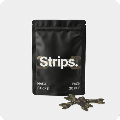 Camo nasal strip pack in a black resealable pouch with camouflage graphics.