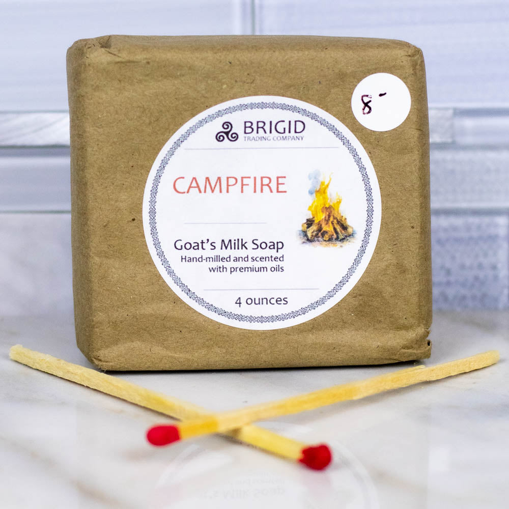 Campfire goat milk soap in tan paper box with BRIGID label and 4 ounces count.