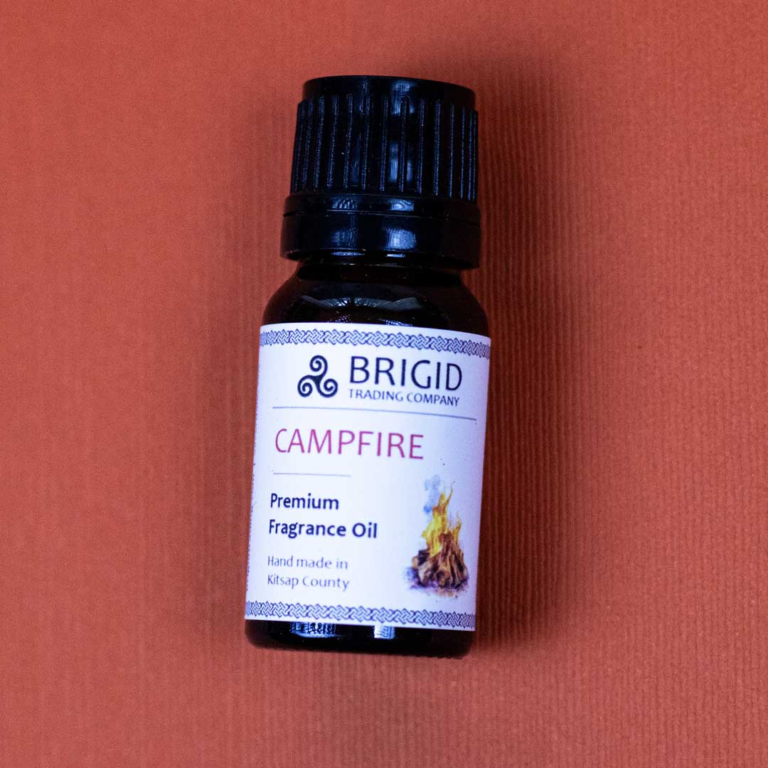 Premium fragrance oil bottle, Campfire label with black cap and white front tag