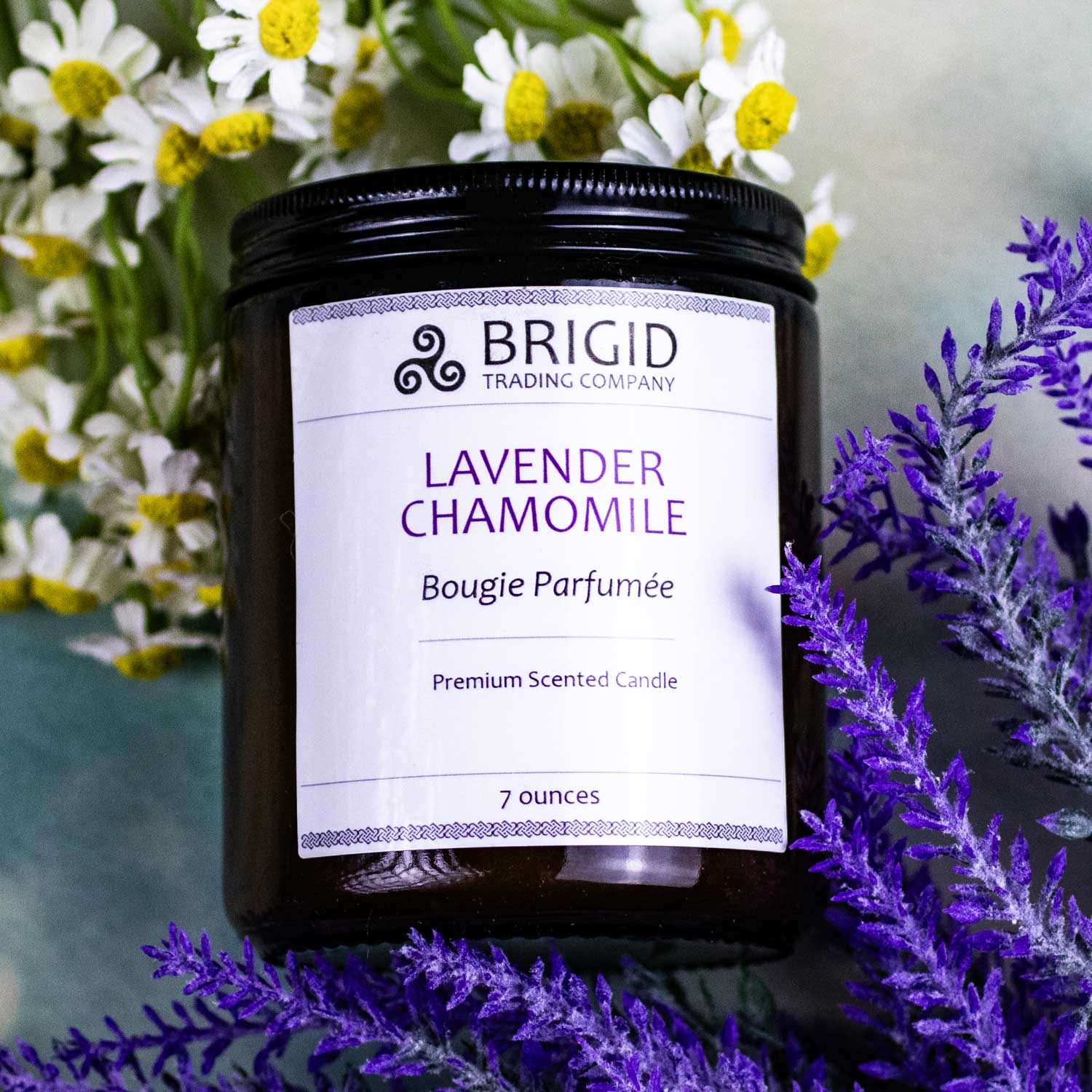 BRIGID Lavender Chamomile premium scented candle in dark glass jar
