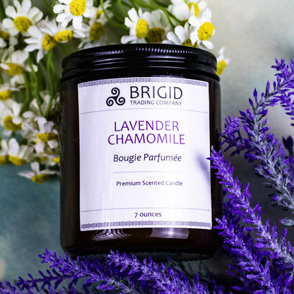 BRIGID Lavender Chamomile premium scented candle in dark glass jar