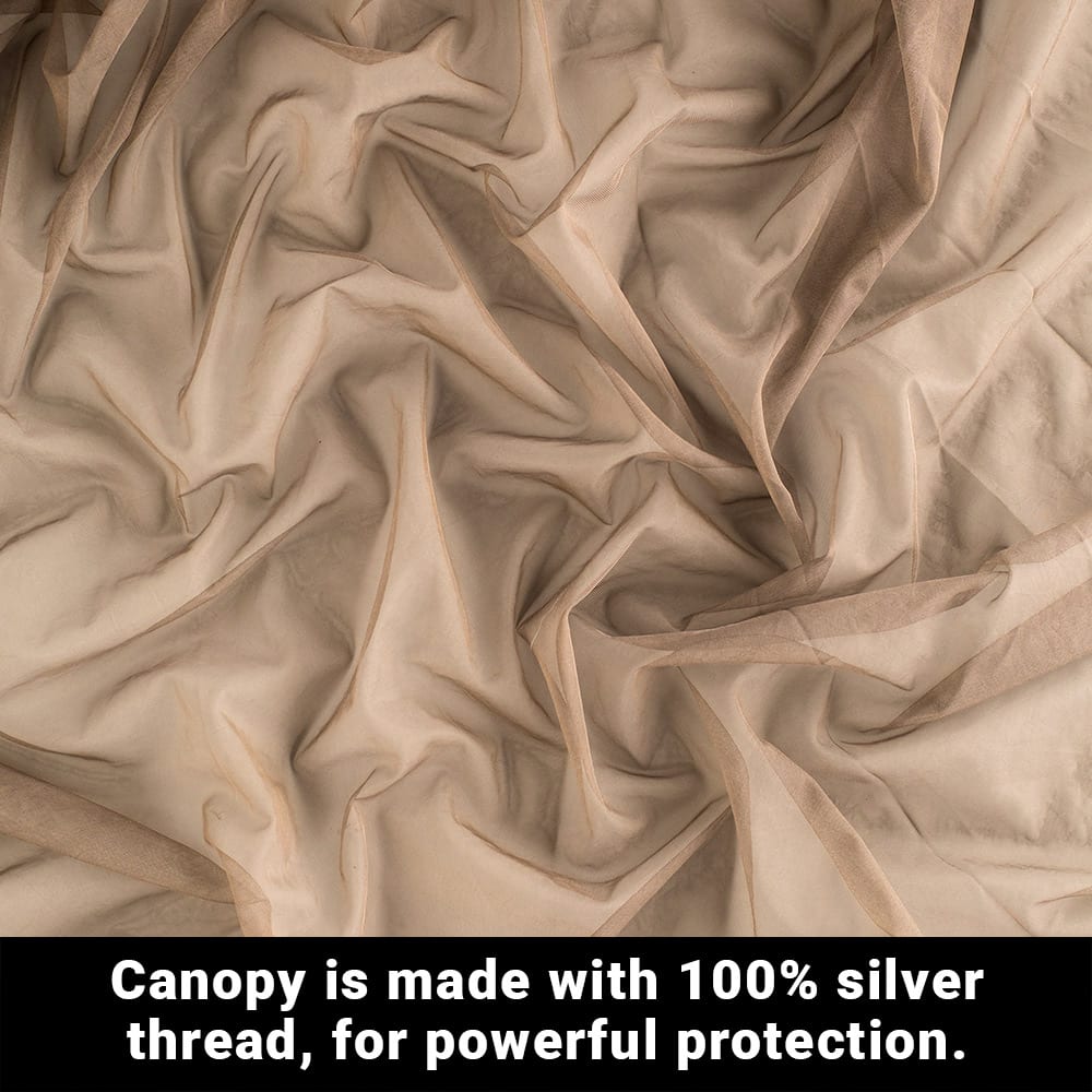 EMF shielding bed canopy fabric close-up in light beige with crinkled texture