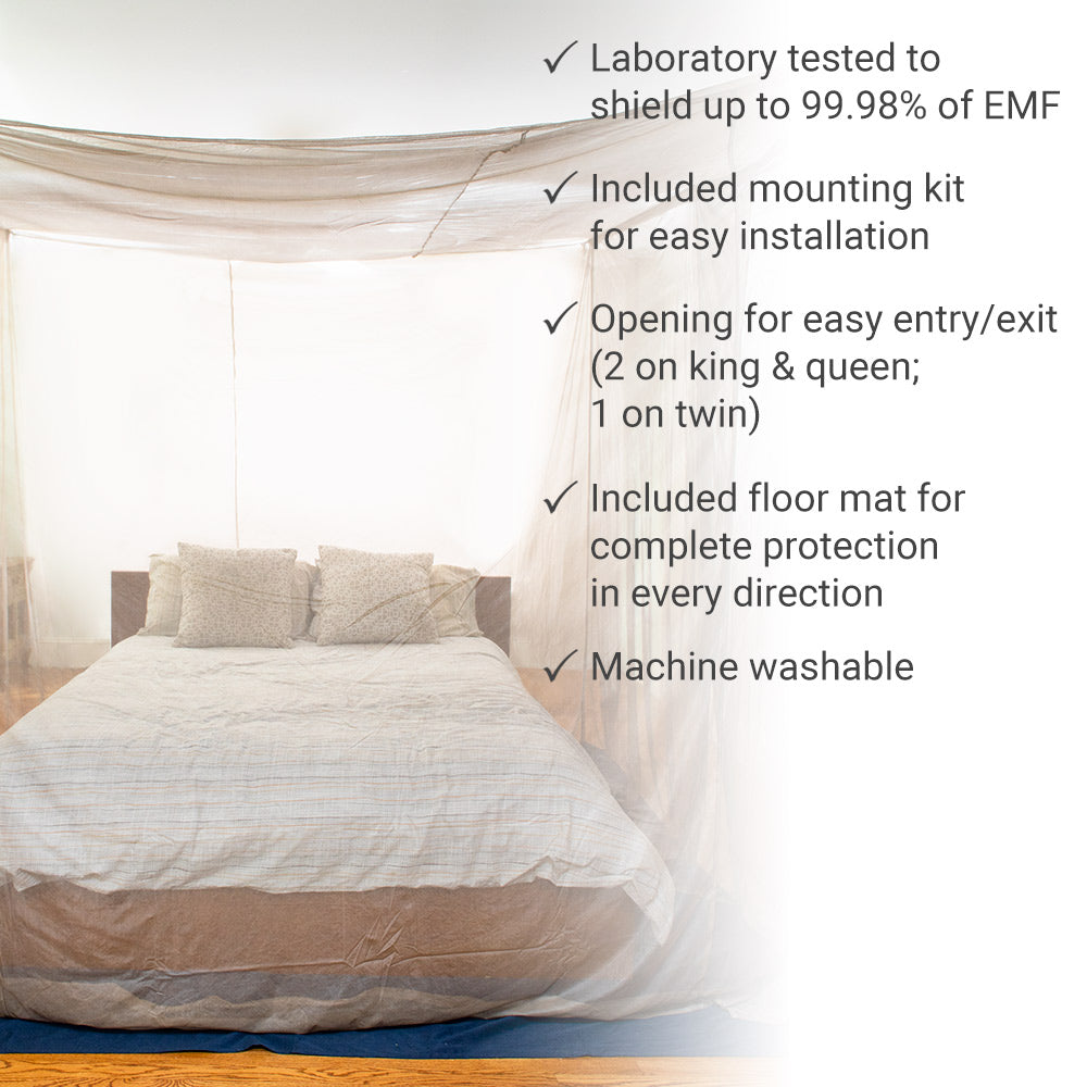 EMF shielding bed canopy over a bed with protective floor mat beneath
