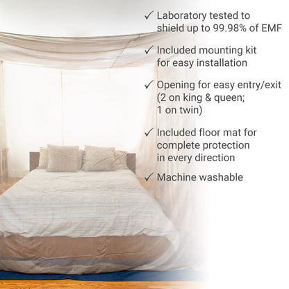 EMF shielding bed canopy over a bed with protective floor mat beneath