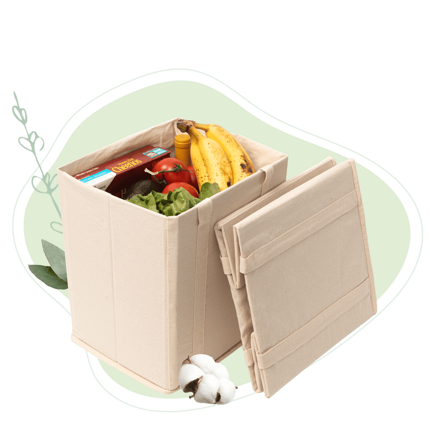 Light beige collapsible grocery shopping bag with food items and foldable handles