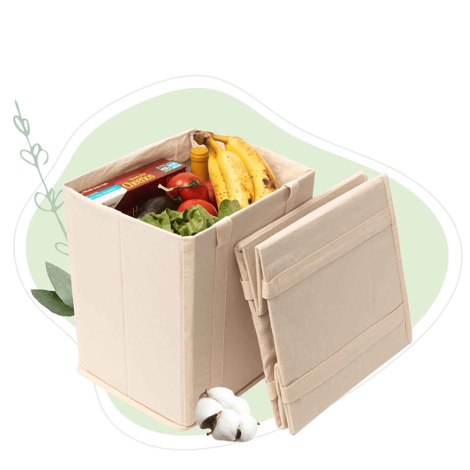 Light beige collapsible grocery shopping bag with food items and foldable handles