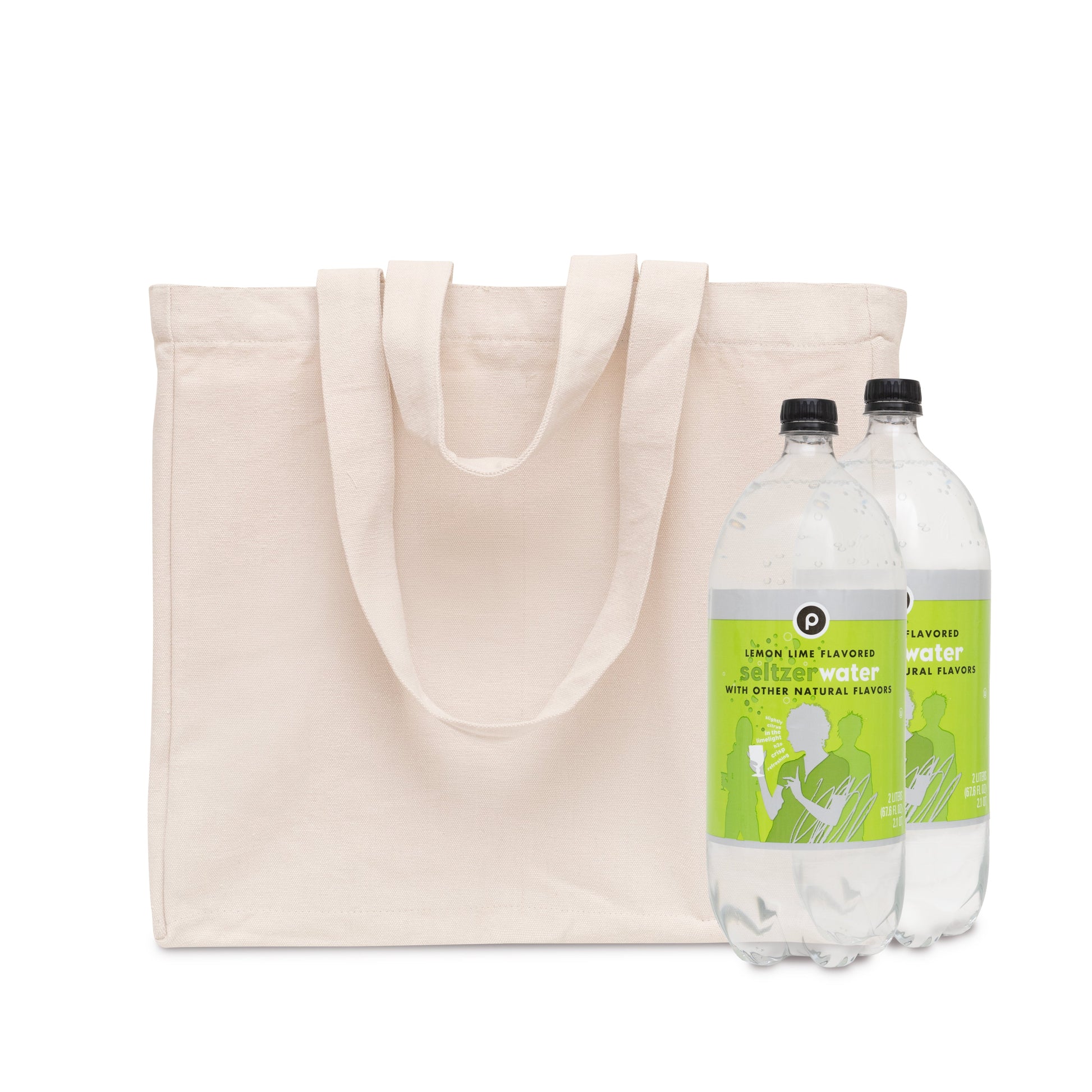 Off-white canvas tote bag with long handles and two water bottles