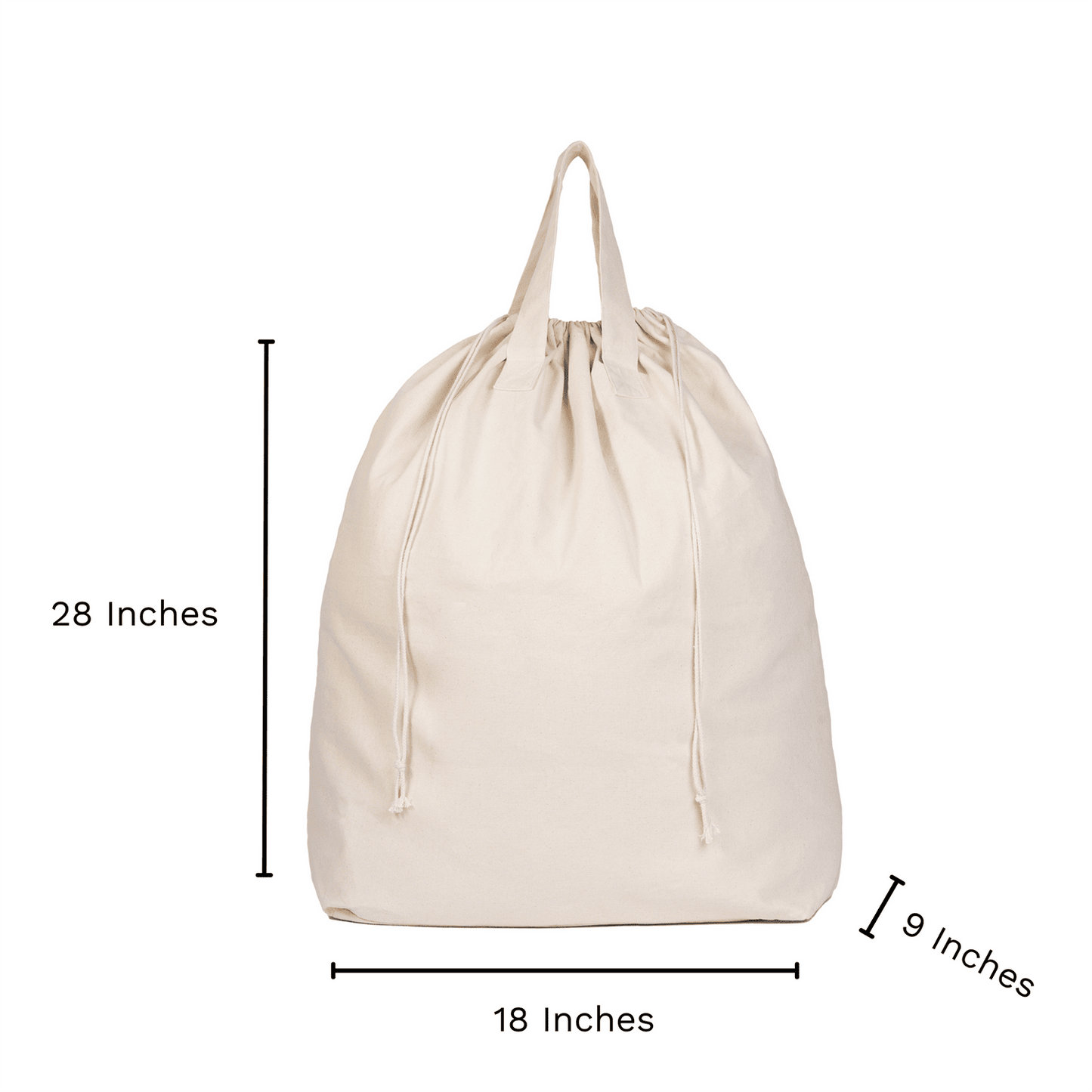 Cream canvas laundry bag with drawstring top, 18 x 28 inches