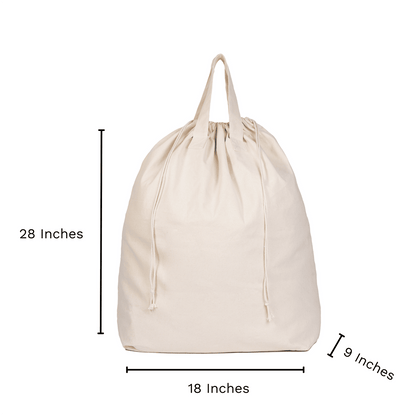 Cream canvas laundry bag with drawstring top, 18 x 28 inches