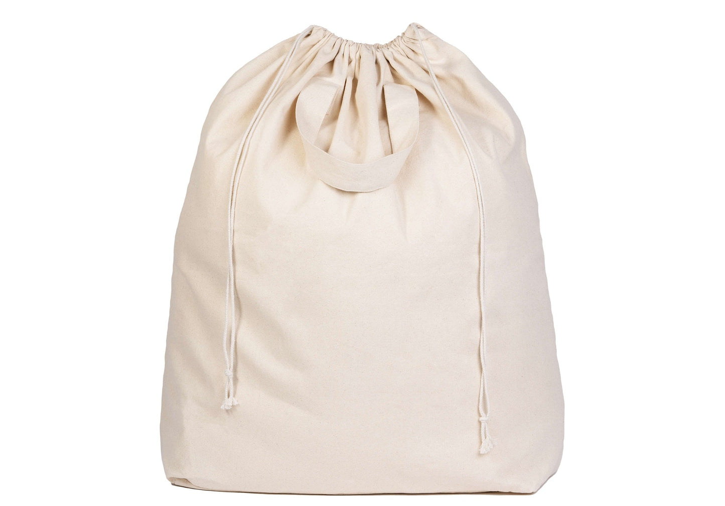 Cream canvas laundry bag with drawstring top and long cord handles