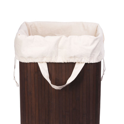 Laundry hamper with dark wood sides and cream canvas liner with drawstring opening